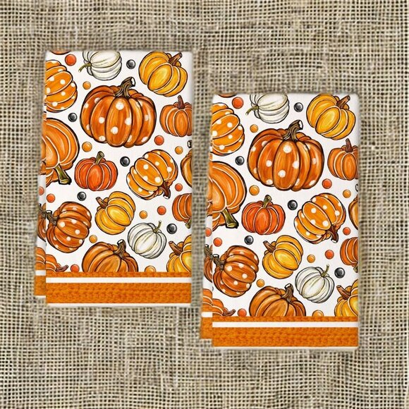 Pumpkin Kitchen Towels Autumn Fall Holiday Thanksgiving Halloween Cottage Decor - Picture 5 of 5